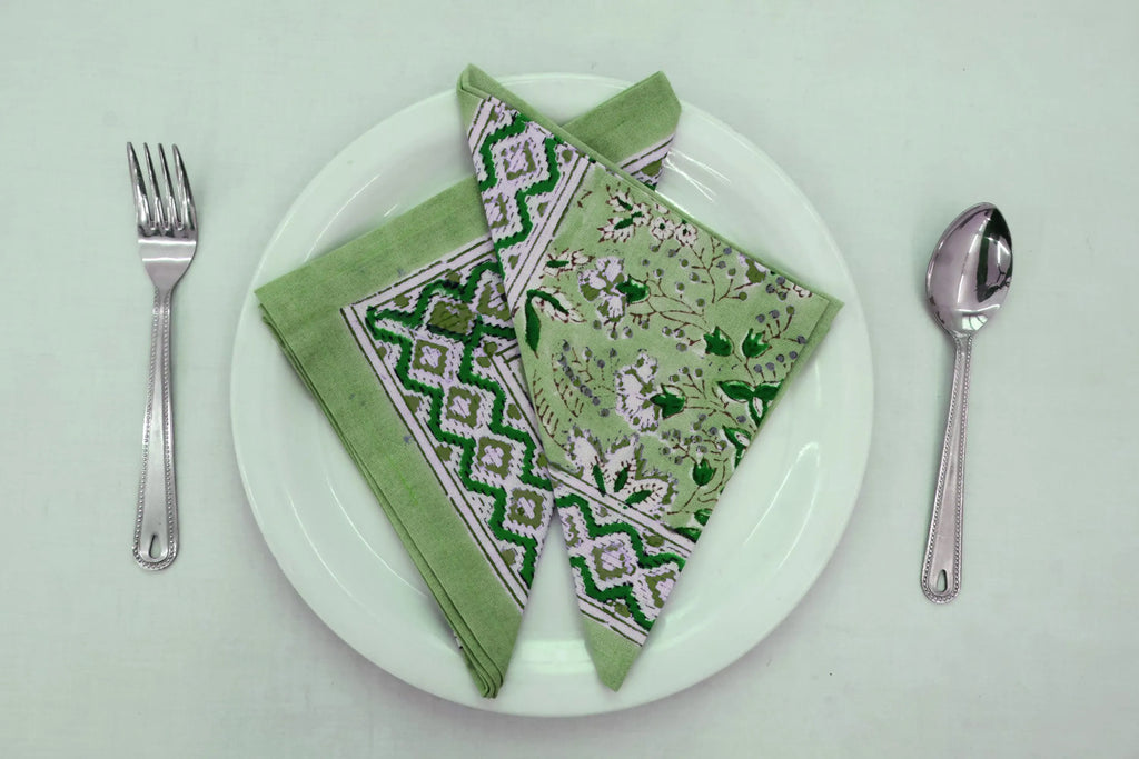 Hand Block Printed Cotton Napkins | Elegant Table Linen- Green and White