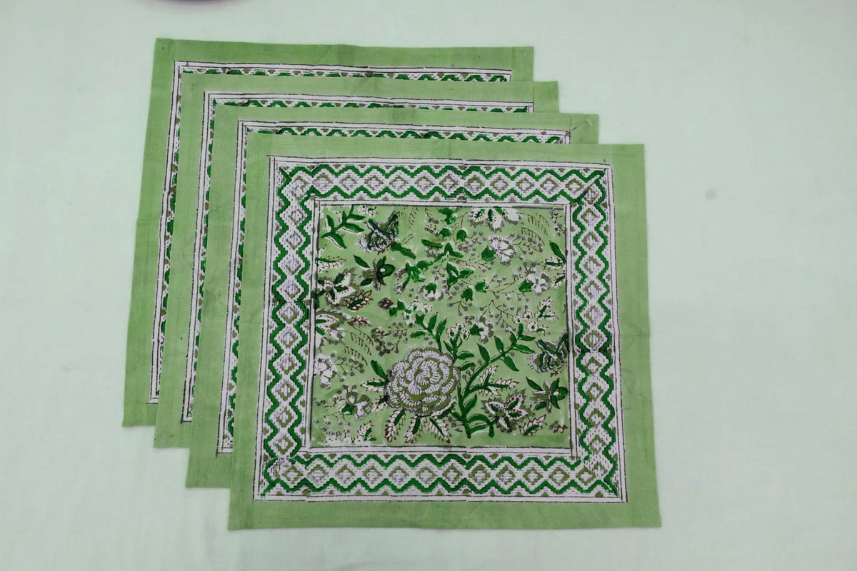 Hand Block Printed Cotton Napkins | Elegant Table Linen- Green and White