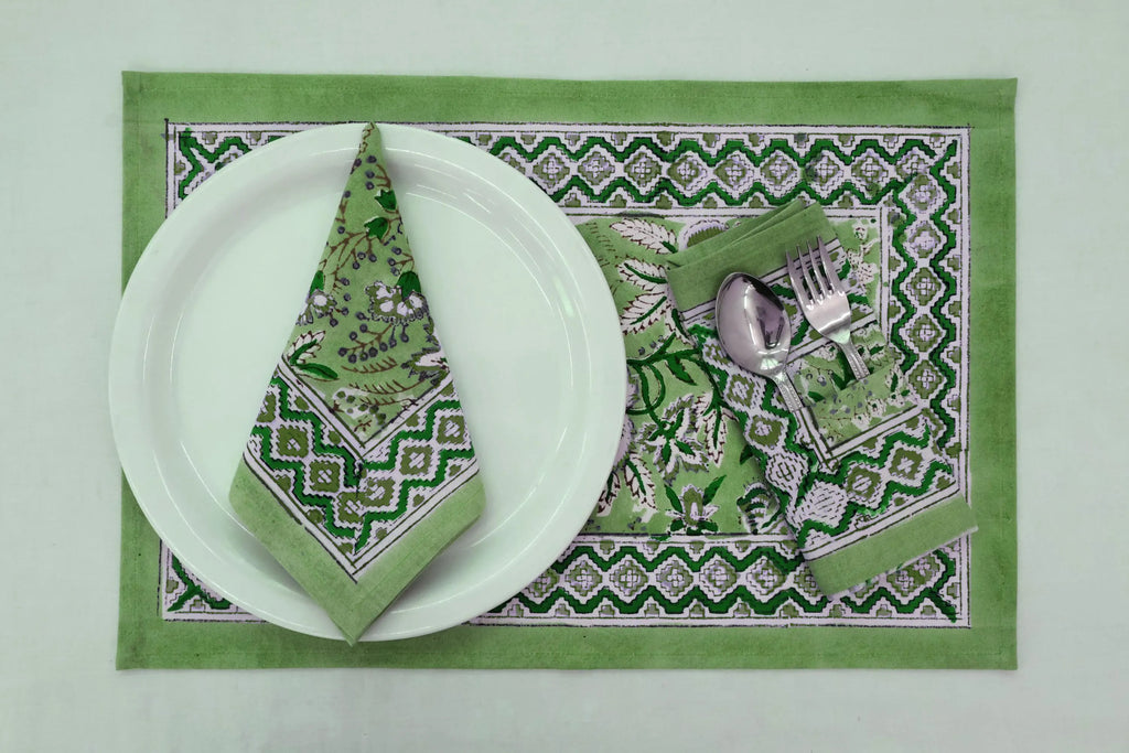 Hand Block Printed Cotton Napkins | Elegant Table Linen- Green and White