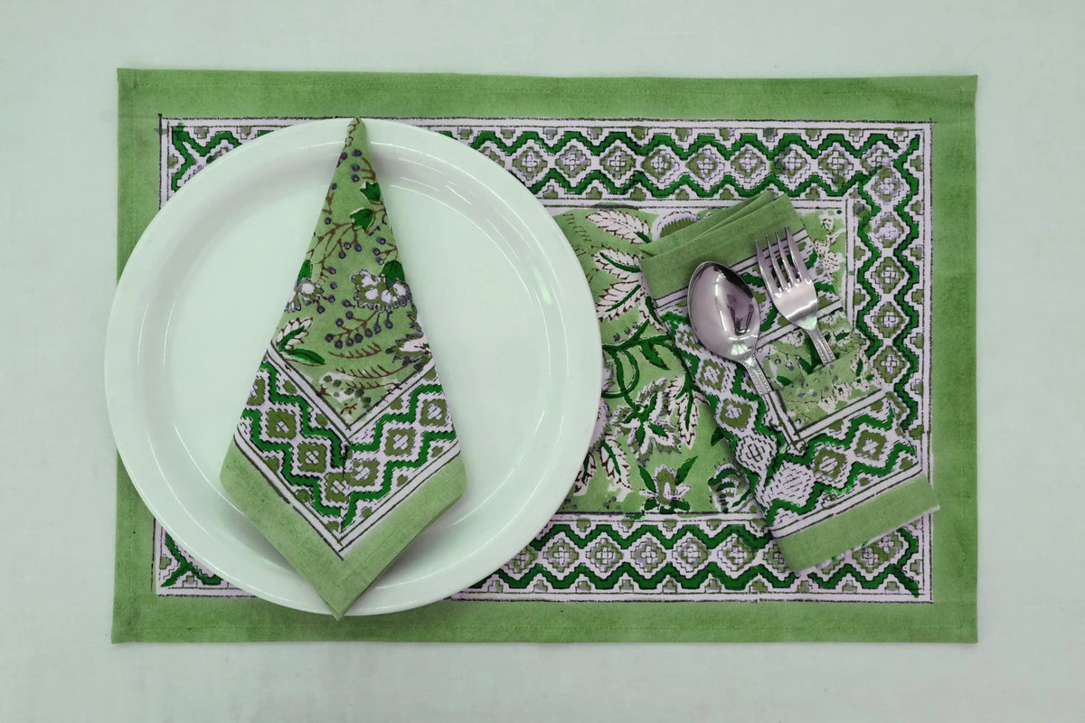 Hand Block Printed Cotton Napkins | Elegant Table Linen- Green and White