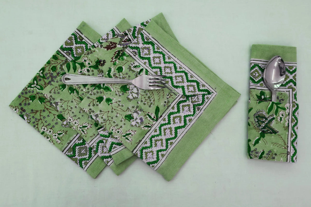 Hand Block Printed Cotton Napkins | Elegant Table Linen- Green and White
