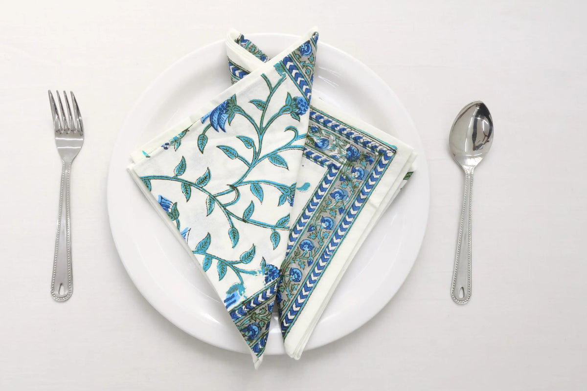Hand Block Printed Cotton Napkins | Elegant Table Linen- Blue and White