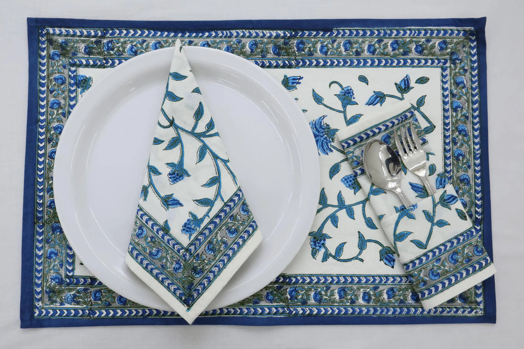 Hand Block Printed Cotton Napkins | Elegant Table Linen- Blue and White