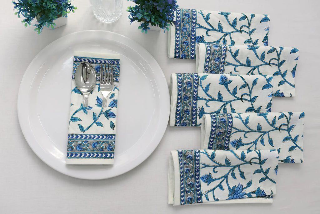 Hand Block Printed Cotton Napkins | Elegant Table Linen- Blue and White
