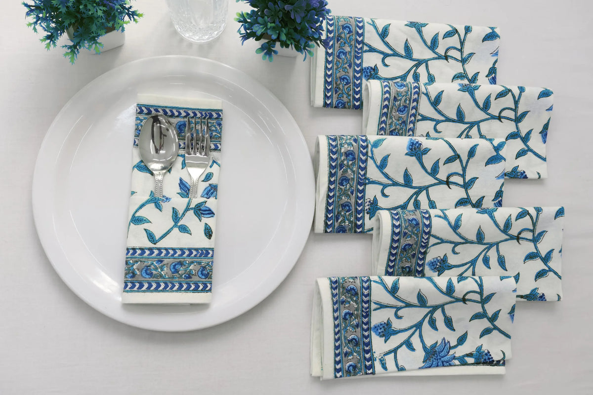 Hand Block Printed Cotton Napkins | Elegant Table Linen- Blue and White