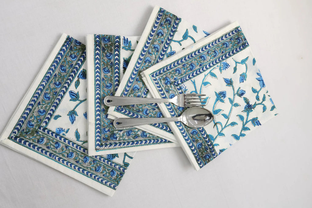 Hand Block Printed Cotton Napkins | Elegant Table Linen- Blue and White