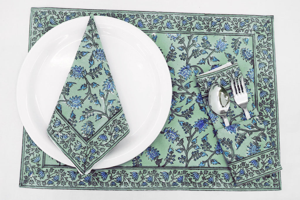 Hand Block Printed Cotton Napkins | Elegant Table Linen- Blue and Green
