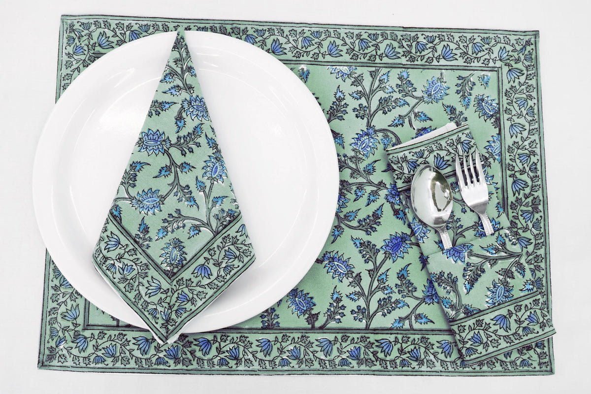 Hand Block Printed Cotton Napkins | Elegant Table Linen- Blue and Green