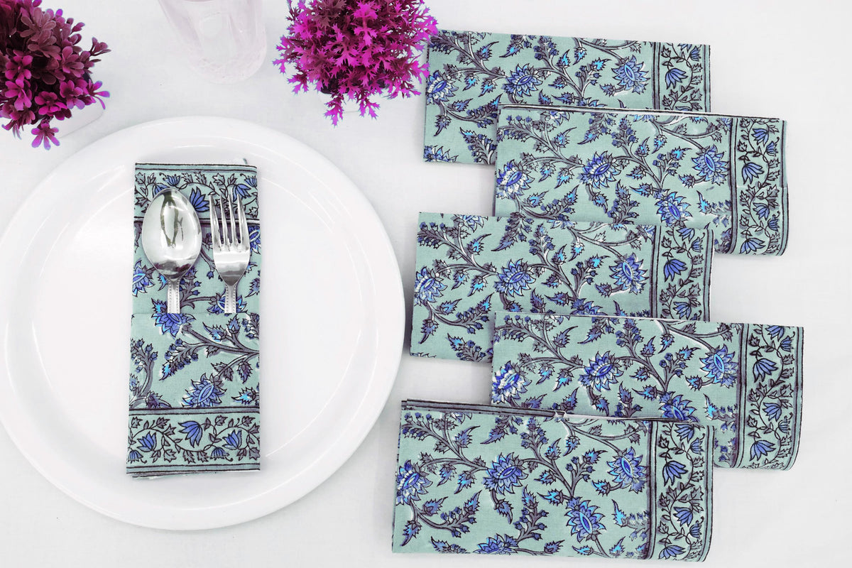 Hand Block Printed Cotton Napkins | Elegant Table Linen- Blue and Green
