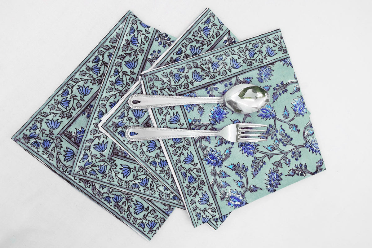 Hand Block Printed Cotton Napkins | Elegant Table Linen- Blue and Green
