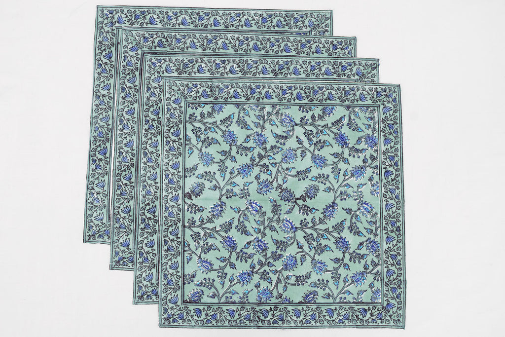 Hand Block Printed Cotton Napkins | Elegant Table Linen- Blue and Green
