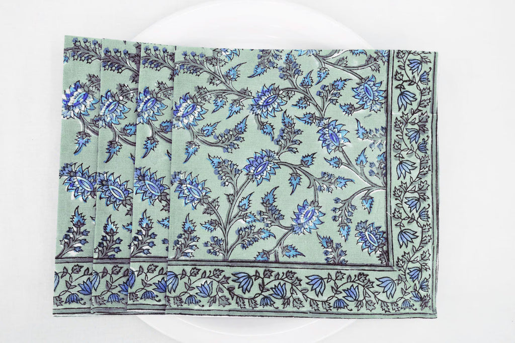 Hand Block Printed Cotton Napkins | Elegant Table Linen- Blue and Green