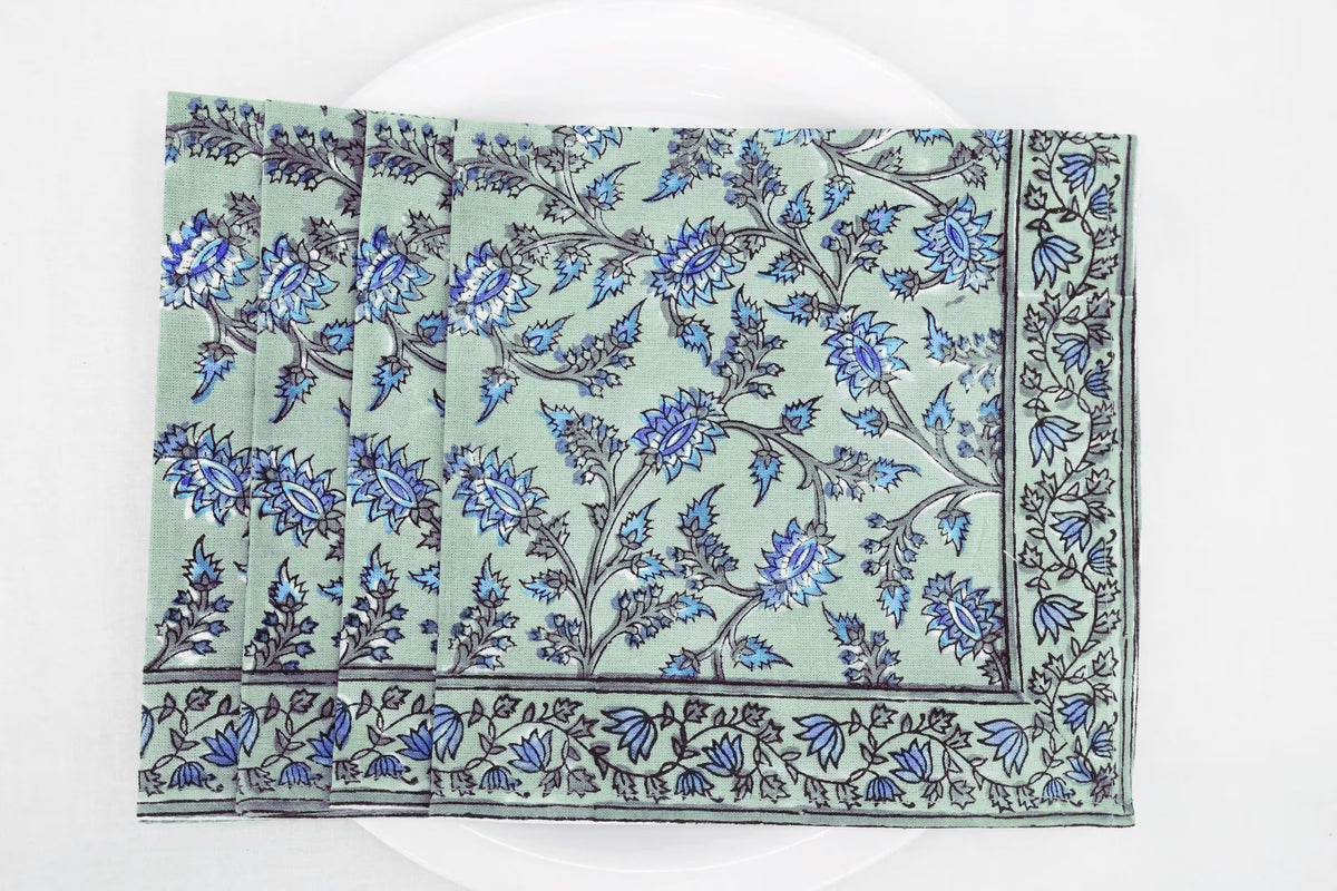 Hand Block Printed Cotton Napkins | Elegant Table Linen- Blue and Green