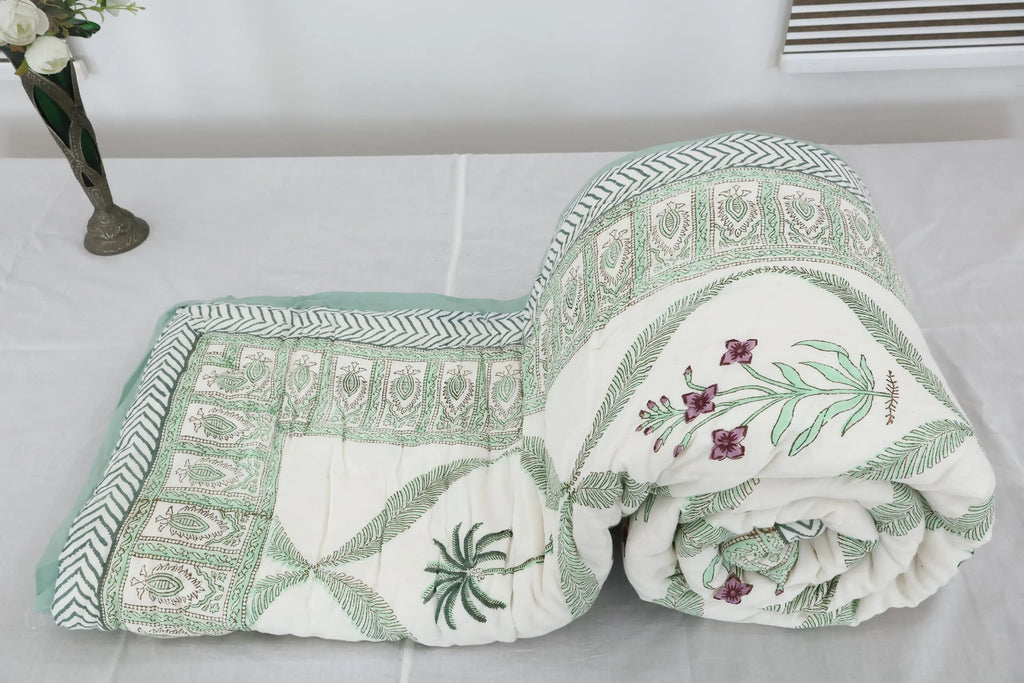 Green Palm & Floral Hand Block Printed Jaipur Quilt | Razai