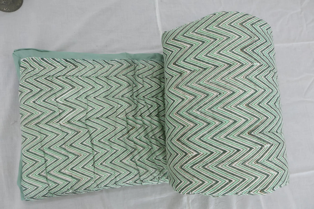 Green Palm & Floral Hand Block Printed Jaipur Quilt | Razai