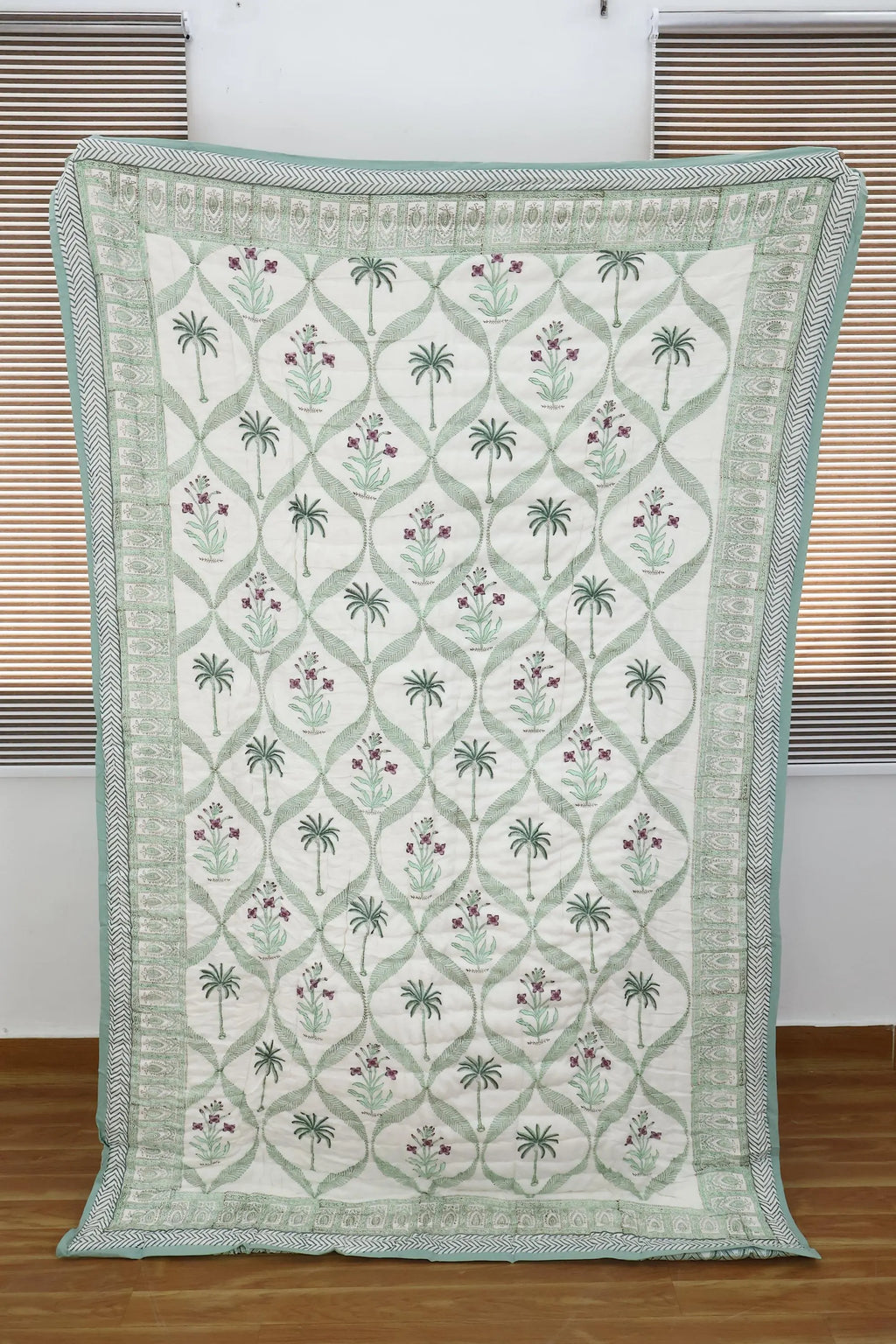 Green Palm & Floral Hand Block Printed Jaipur Quilt | Razai