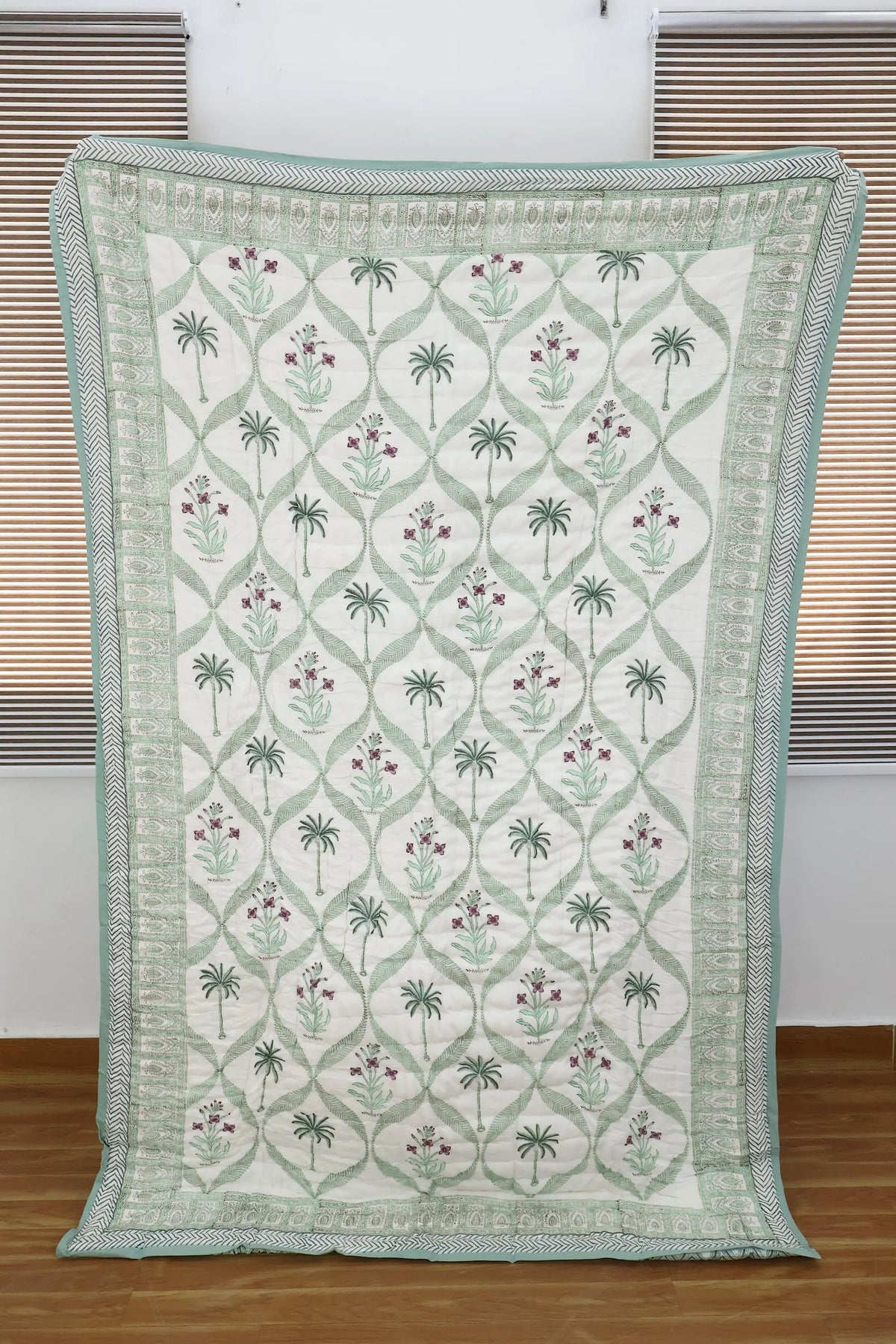 Green Palm & Floral Hand Block Printed Jaipur Quilt | Razai