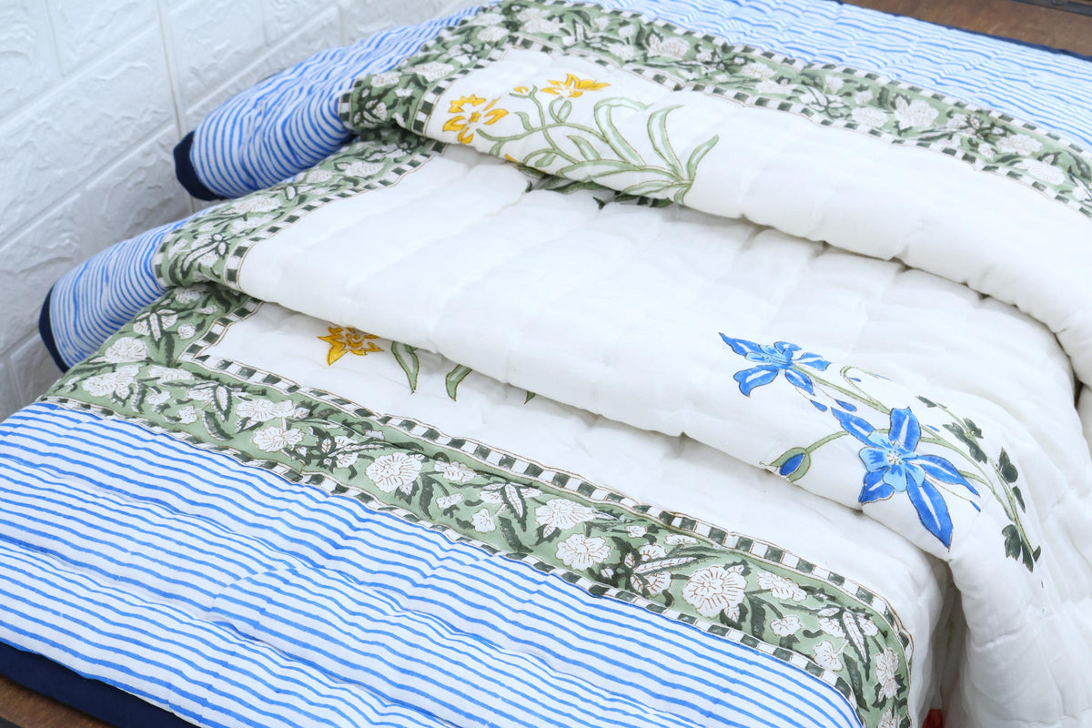 Traditional Jaipur Cotton Quilt | Floral Hand Block Print
