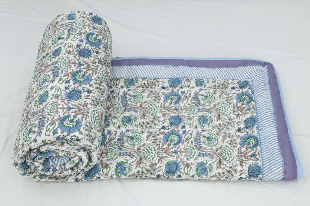 Lavender Floral Hand Block Printed Jaipur Quilt | Cotton Razai