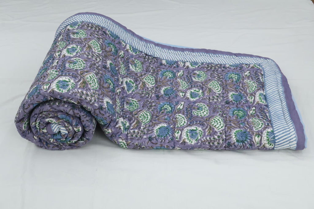 Lavender Floral Hand Block Printed Jaipur Quilt | Cotton Razai