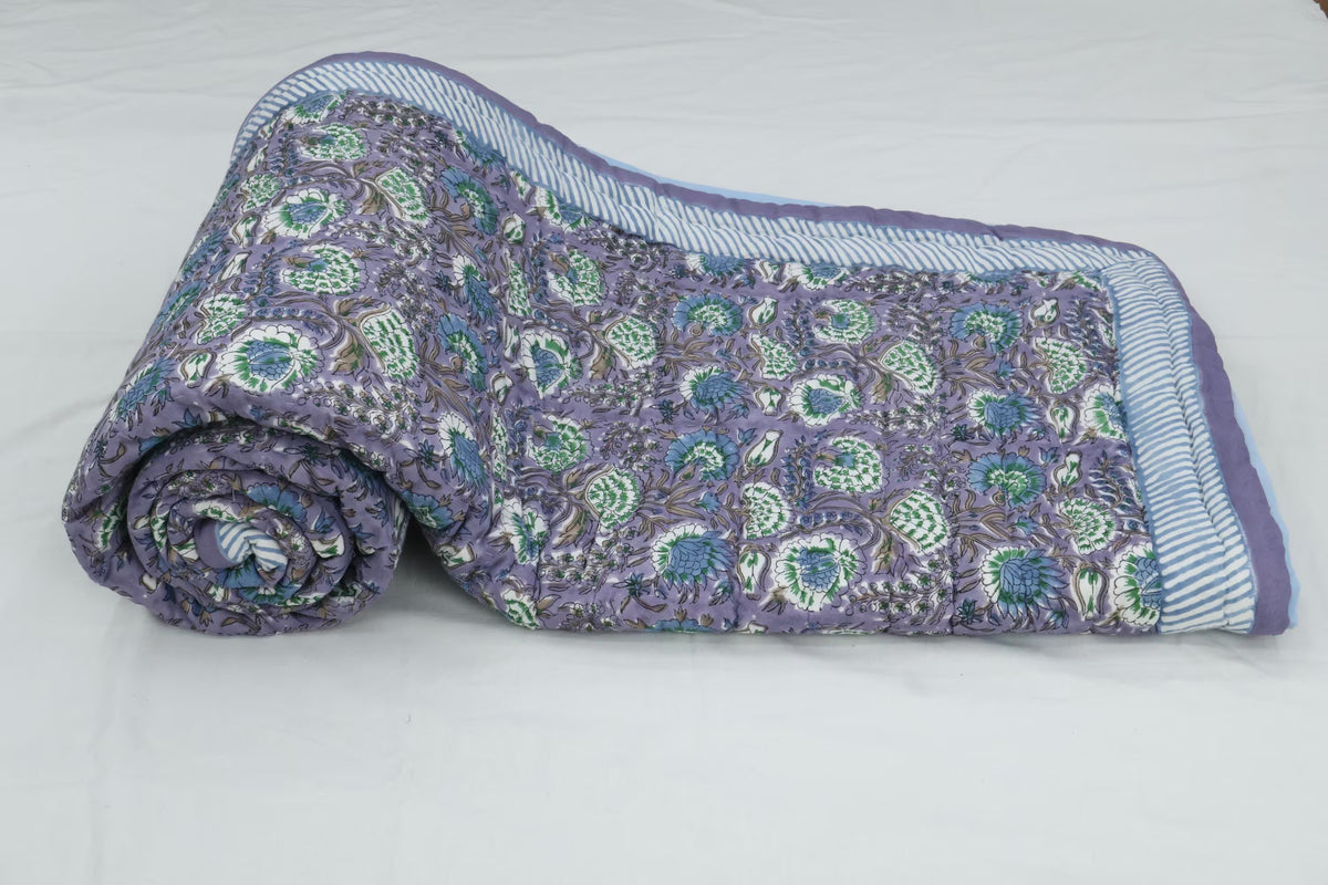 Lavender Floral Hand Block Printed Jaipur Quilt | Cotton Razai