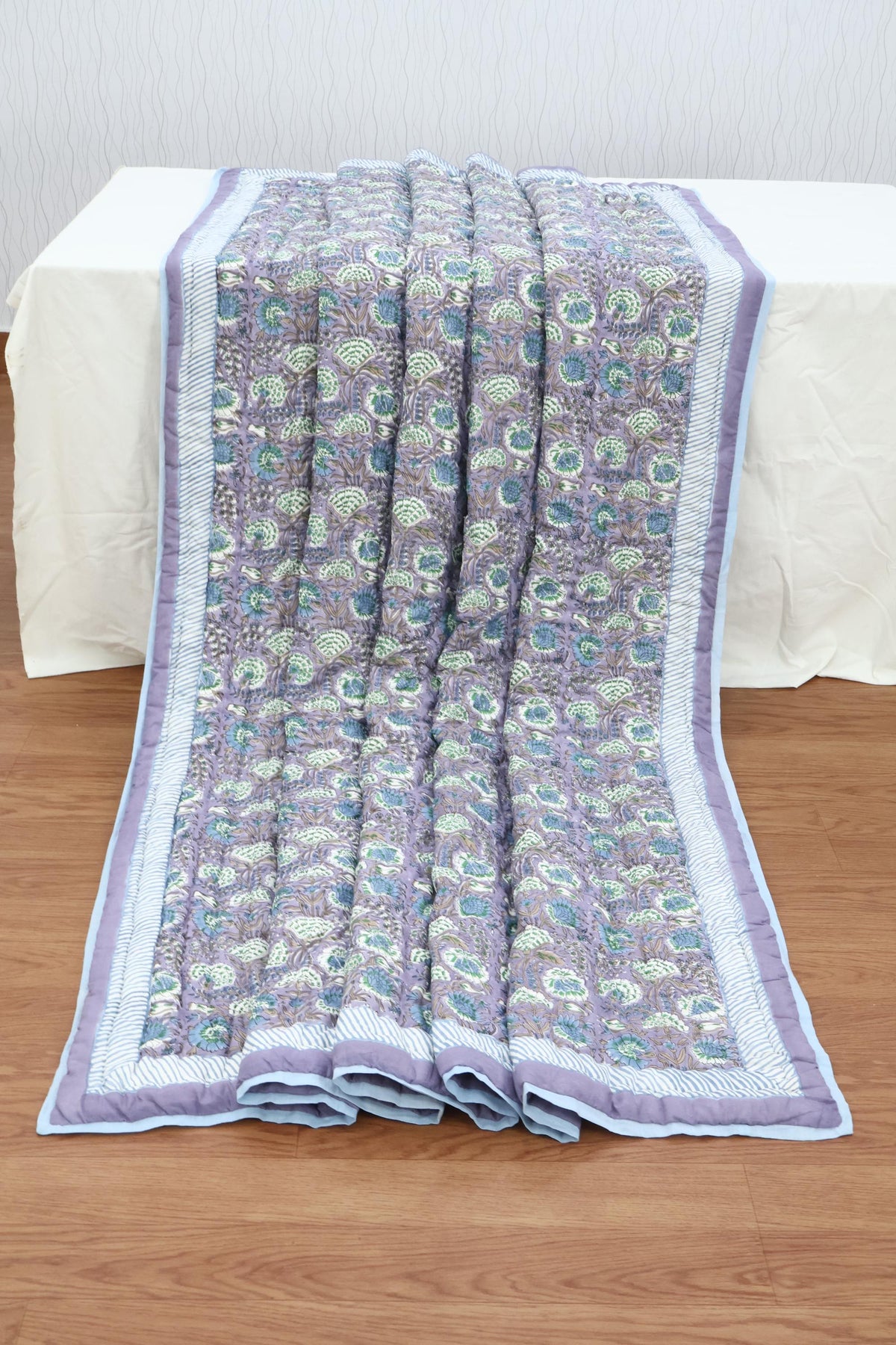 Lavender Floral Hand Block Printed Jaipur Quilt | Cotton Razai