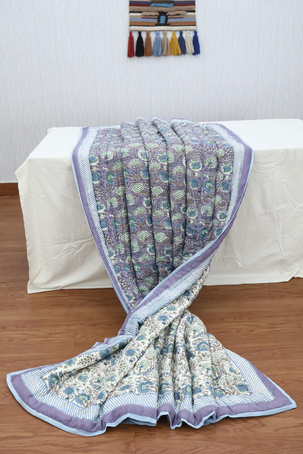 Lavender Floral Hand Block Printed Jaipur Quilt | Cotton Razai