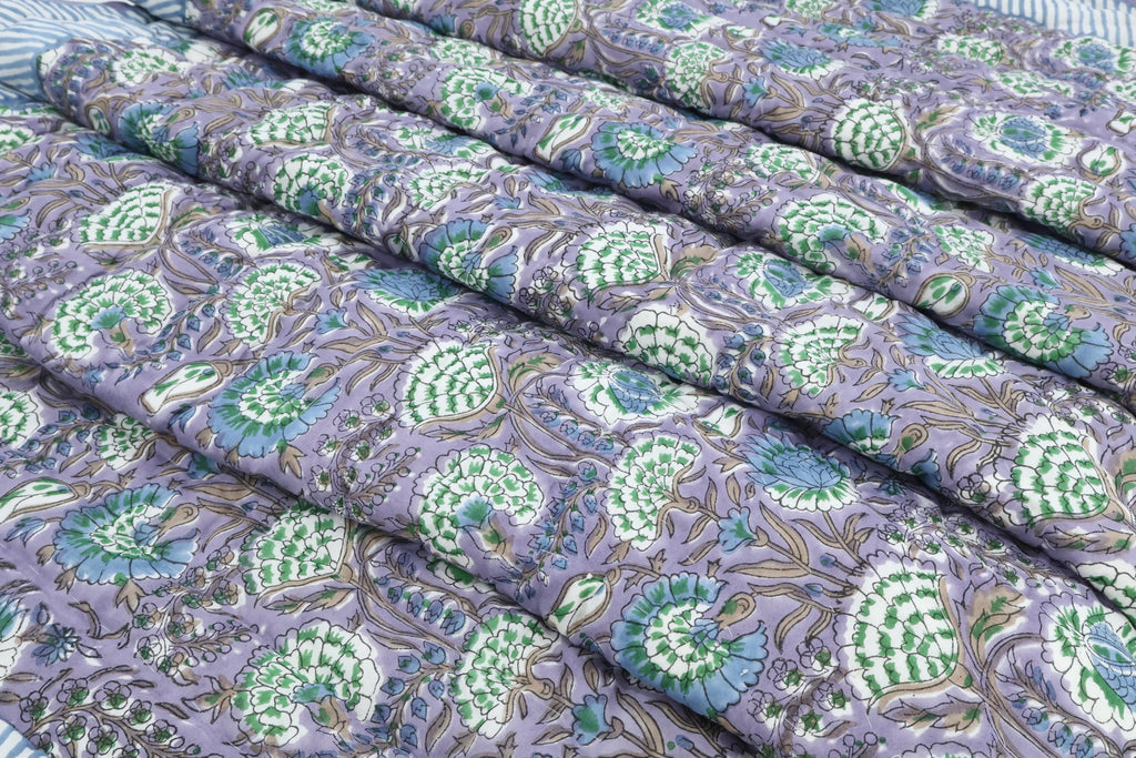Lavender Floral Hand Block Printed Jaipur Quilt | Cotton Razai