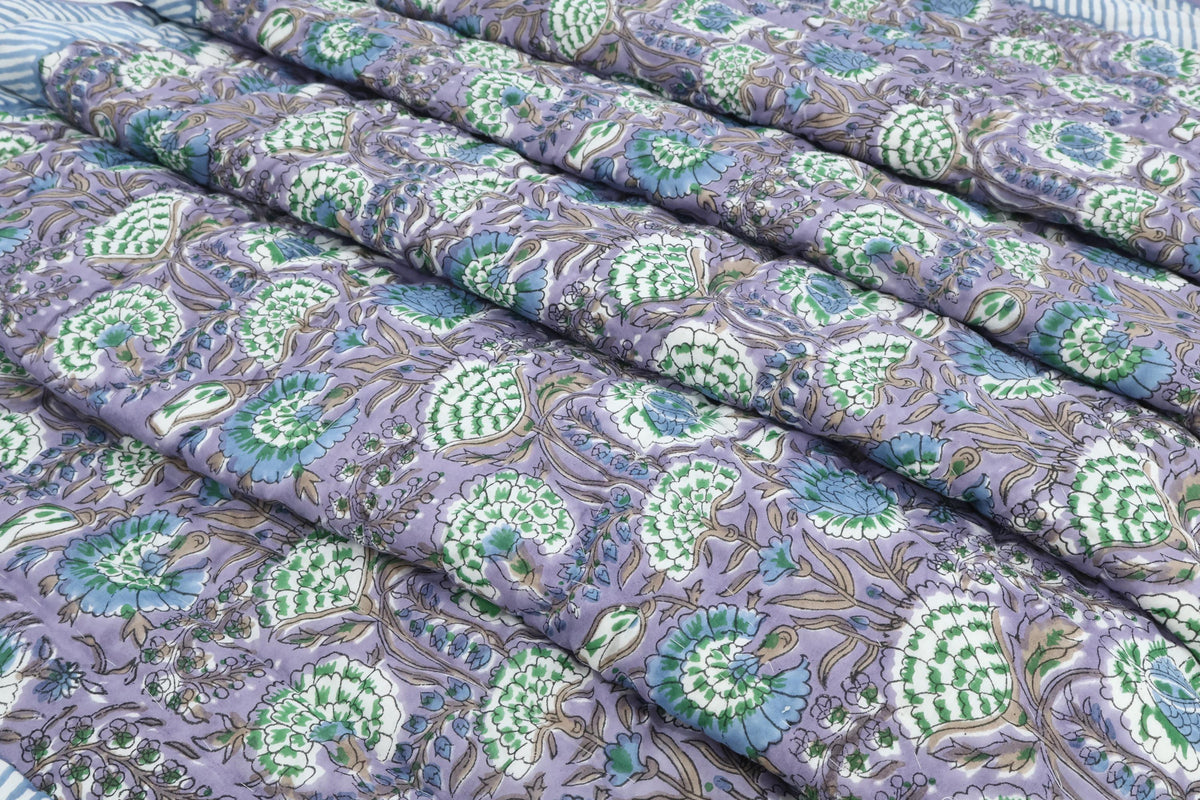 Lavender Floral Hand Block Printed Jaipur Quilt | Cotton Razai