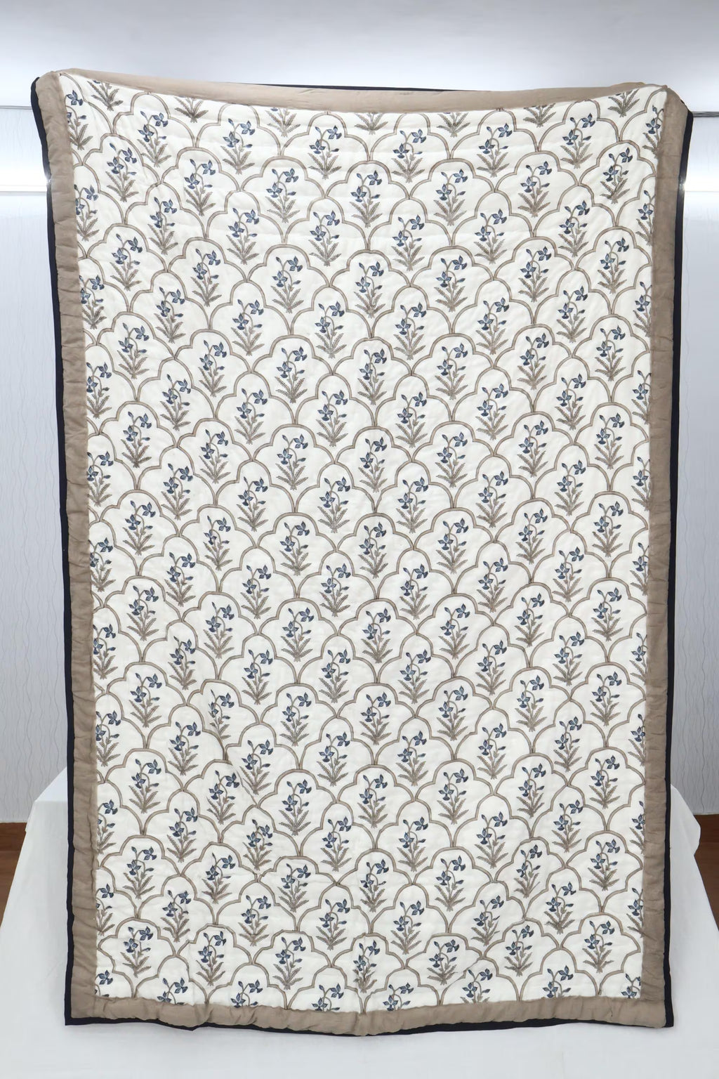 Reversible Cotton Razai & Quilt | Blue Floral Block Print