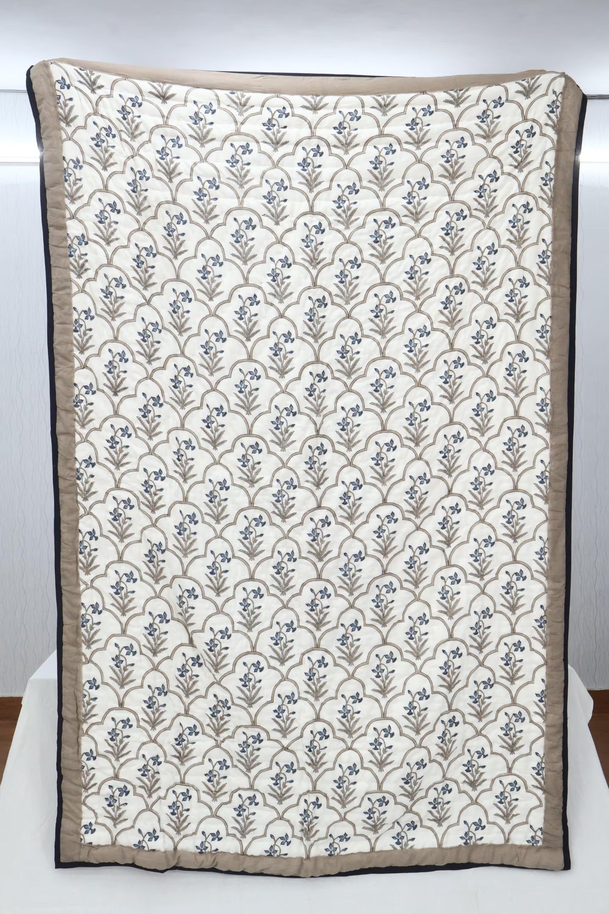 Reversible Cotton Razai & Quilt | Blue Floral Block Print