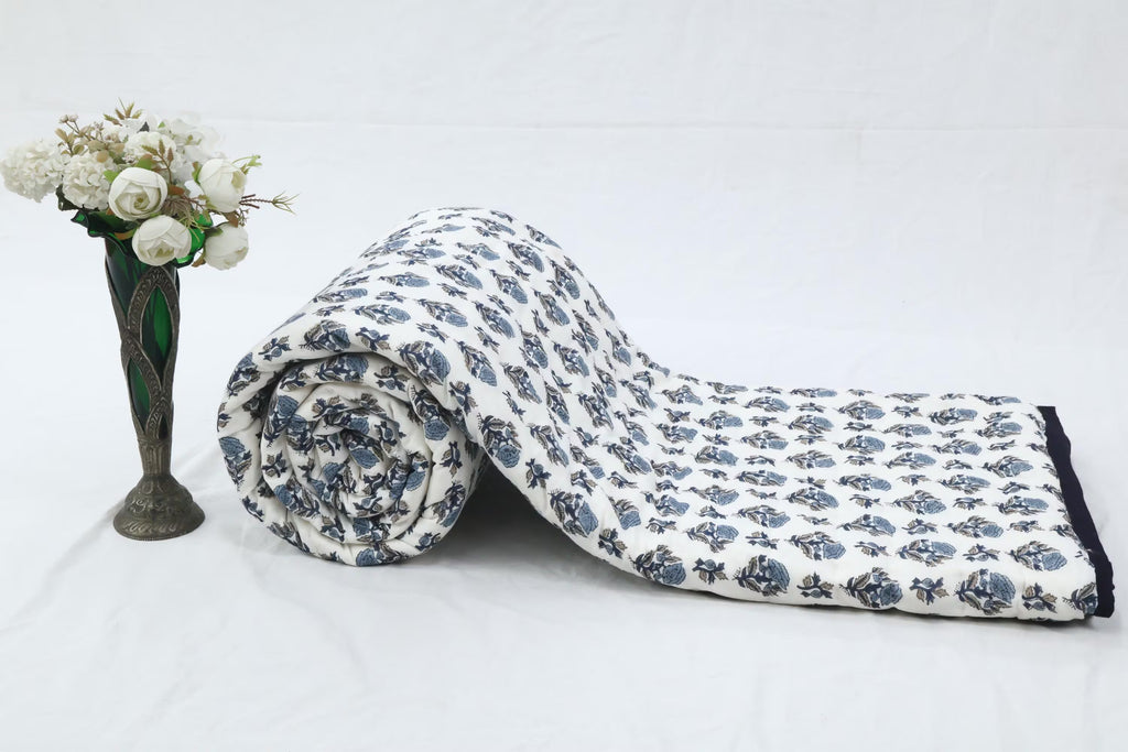 Reversible Cotton Razai & Quilt | Blue Floral Block Print
