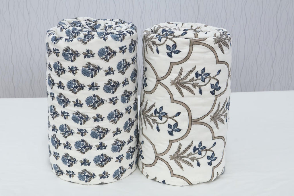 Reversible Cotton Razai & Quilt | Blue Floral Block Print