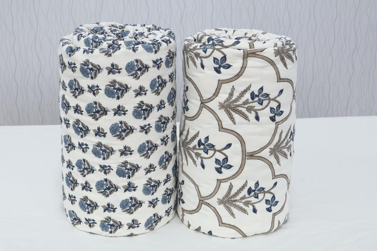 Reversible Cotton Razai & Quilt | Blue Floral Block Print