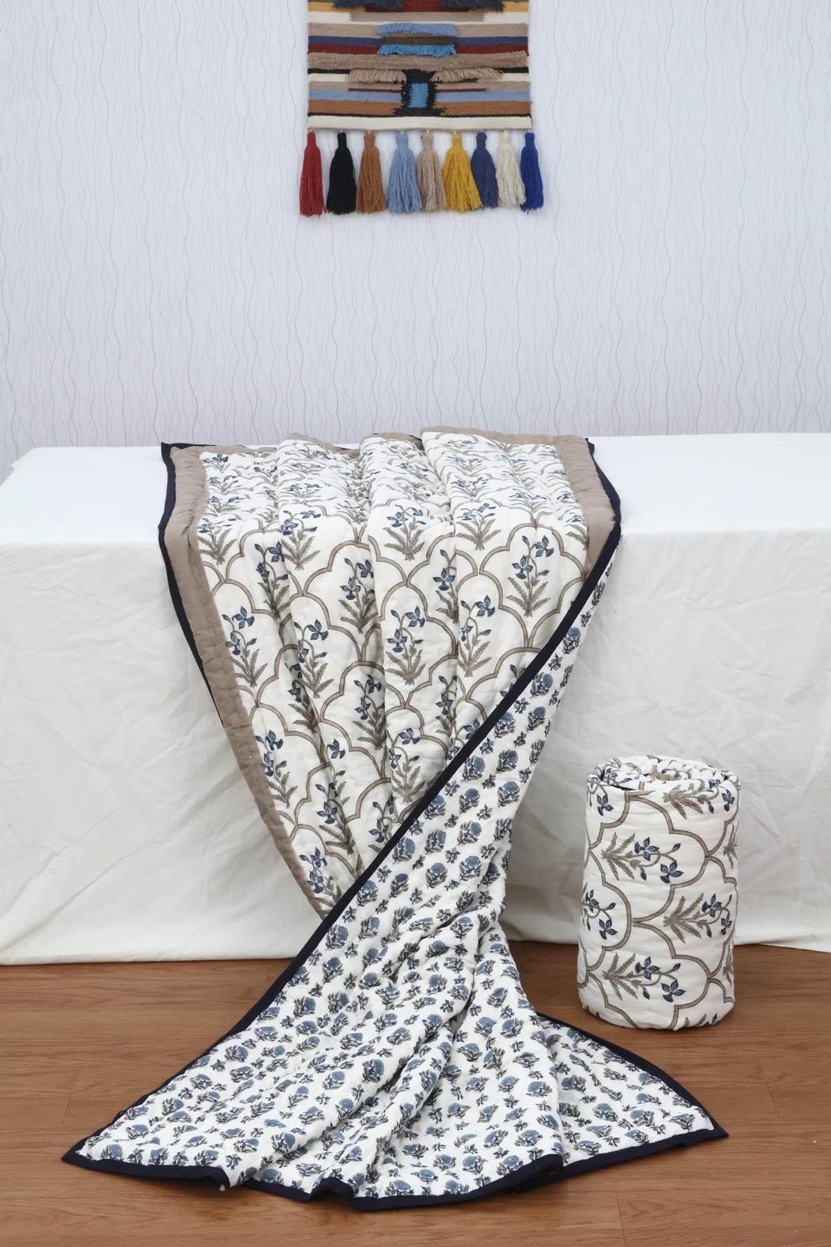 Reversible Cotton Razai & Quilt | Blue Floral Block Print