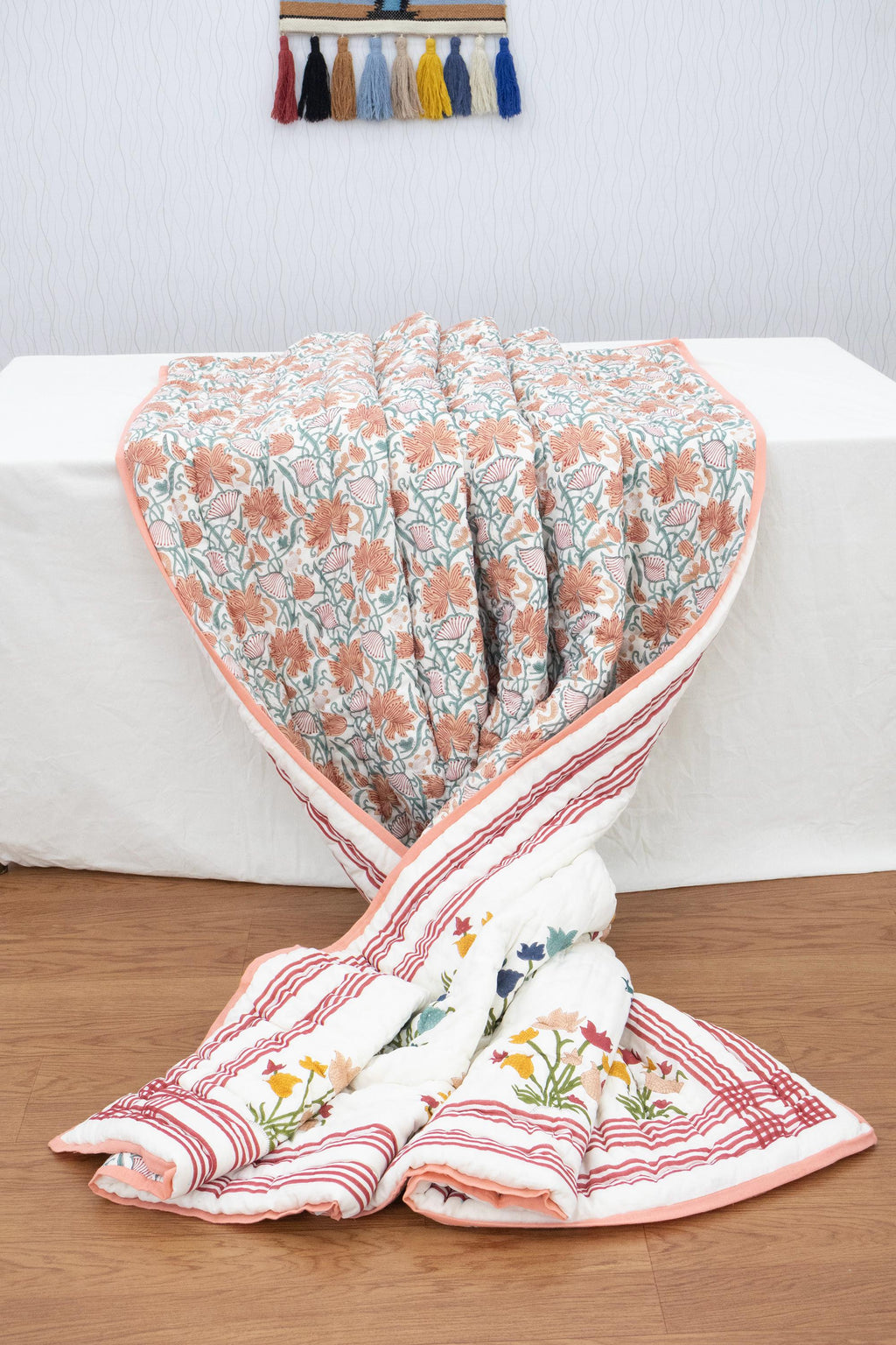 Multi Floral Hand Block Printed Jaipur Quilt | Cotton Razai
