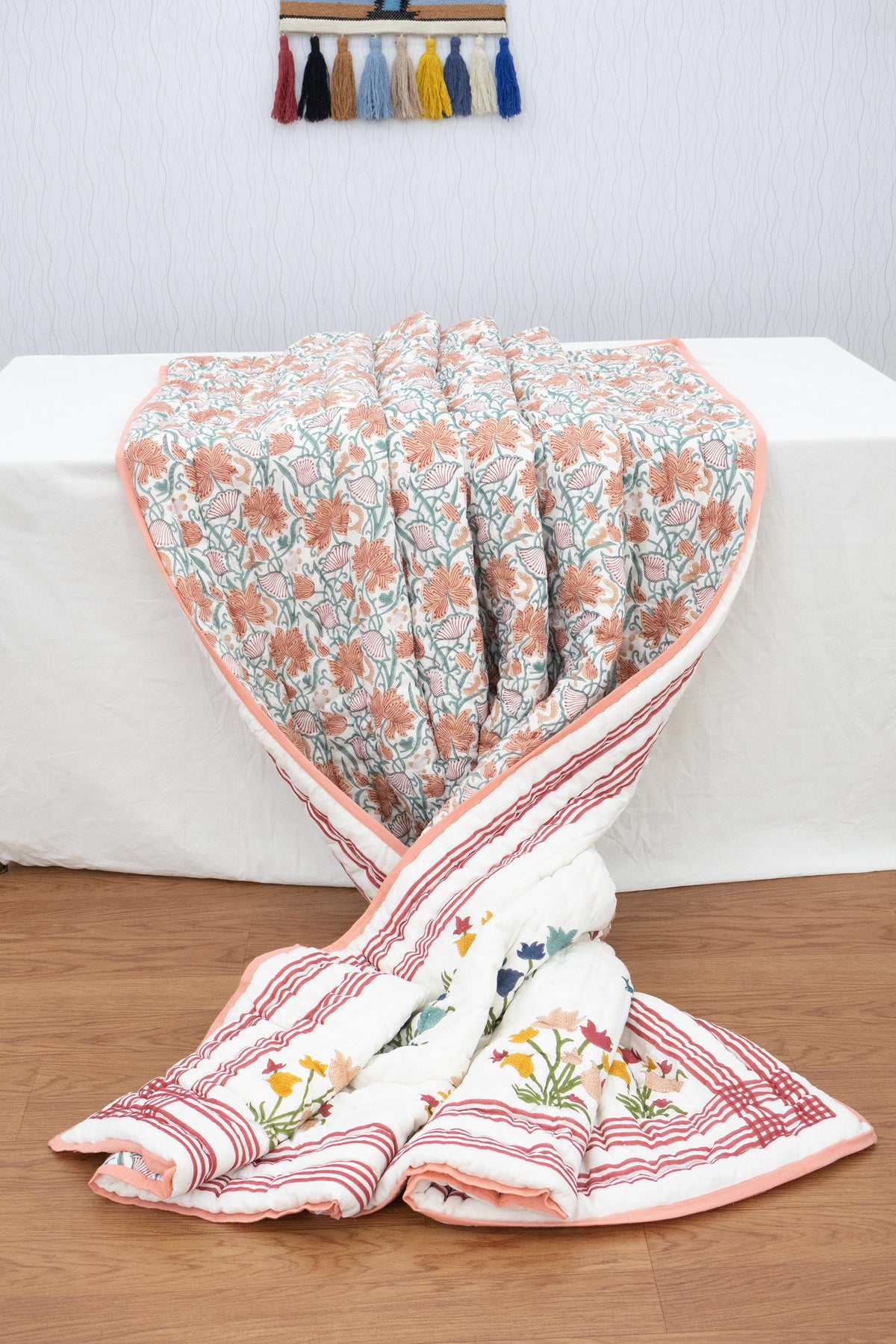 Multi Floral Hand Block Printed Jaipur Quilt | Cotton Razai