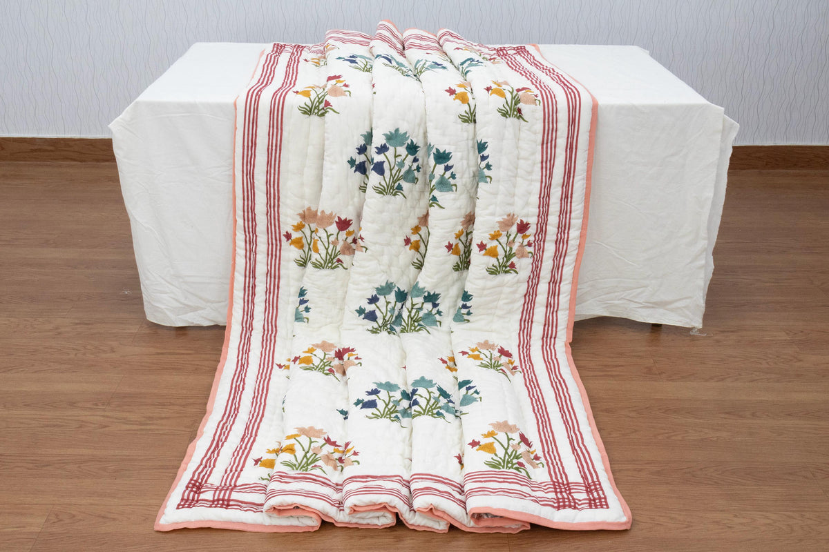 Multi Floral Hand Block Printed Jaipur Quilt | Cotton Razai
