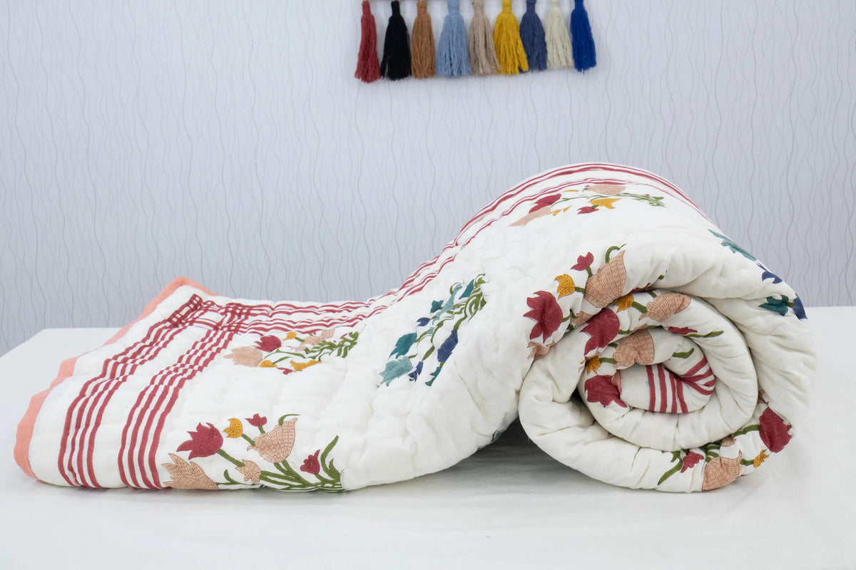 Multi Floral Hand Block Printed Jaipur Quilt | Cotton Razai