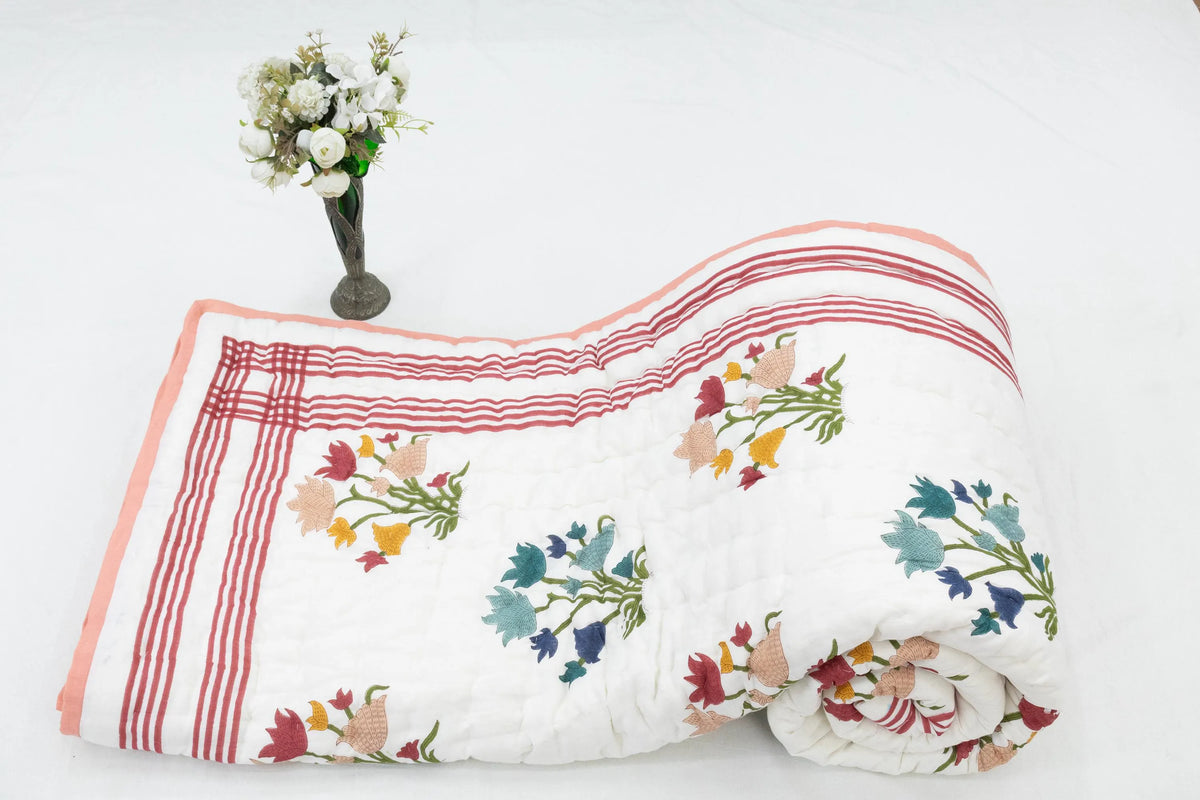 Multi Floral Hand Block Printed Jaipur Quilt | Cotton Razai