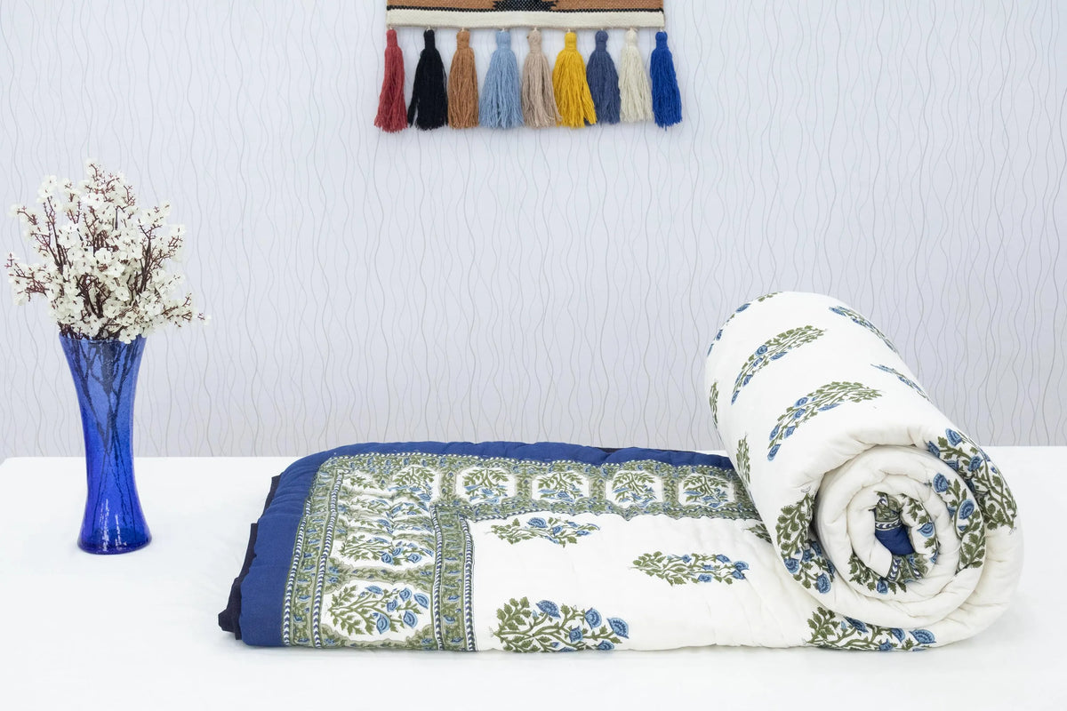 Reversible Cotton Razai & Quilt | Blue Floral Block Print