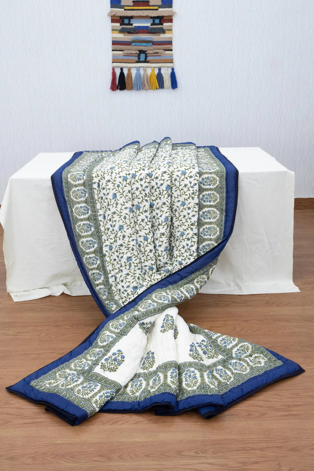 Reversible Cotton Razai & Quilt | Blue Floral Block Print