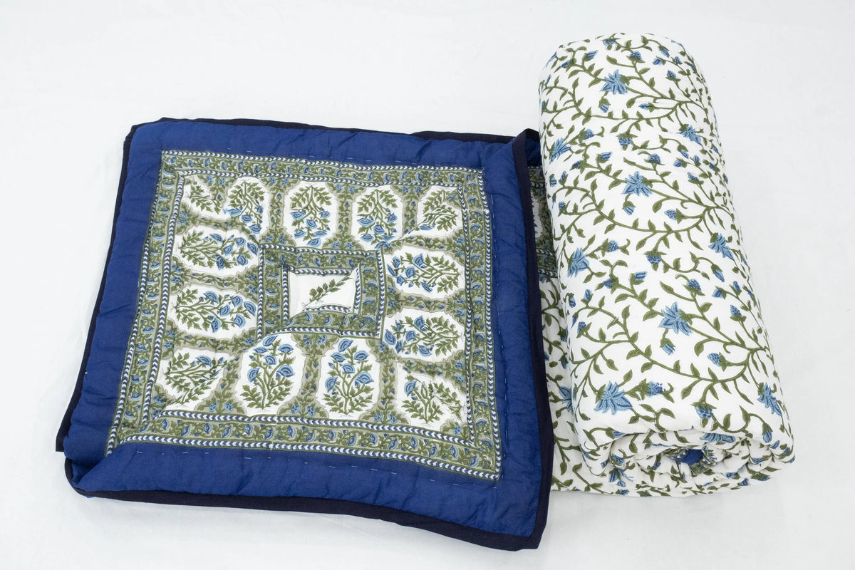 Reversible Cotton Razai & Quilt | Blue Floral Block Print