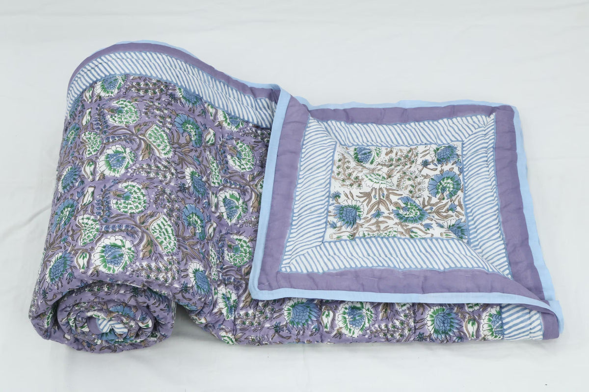 Lavender Floral Hand Block Printed Jaipur Quilt | Cotton Razai