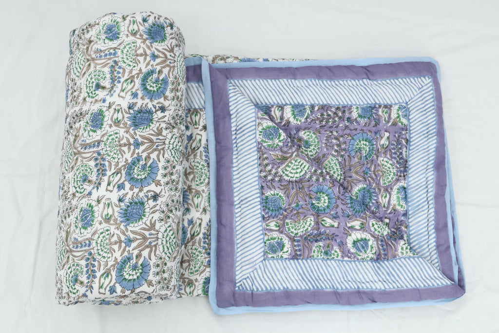 Lavender Floral Hand Block Printed Jaipur Quilt | Cotton Razai