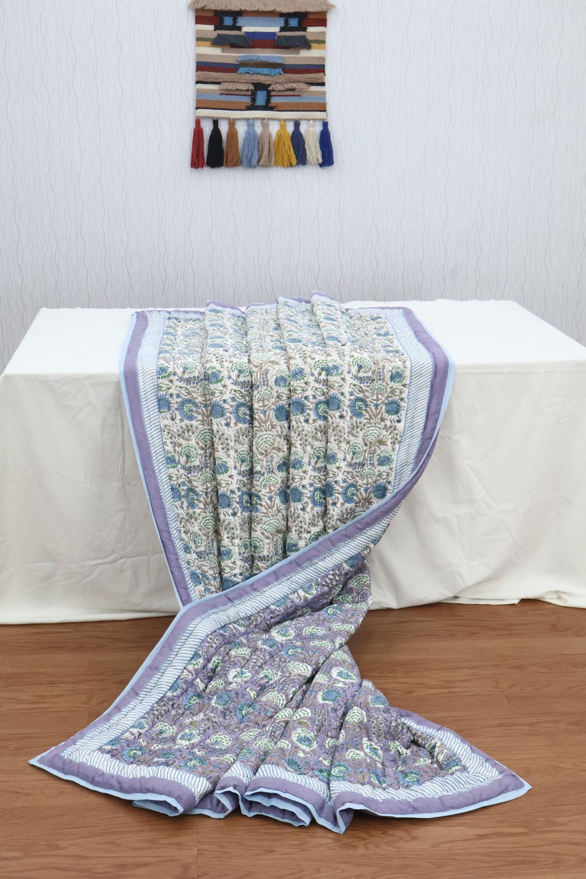 Lavender Floral Hand Block Printed Jaipur Quilt | Cotton Razai