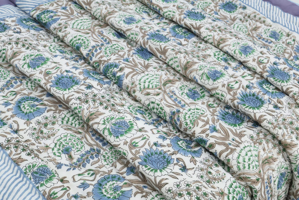 Lavender Floral Hand Block Printed Jaipur Quilt | Cotton Razai