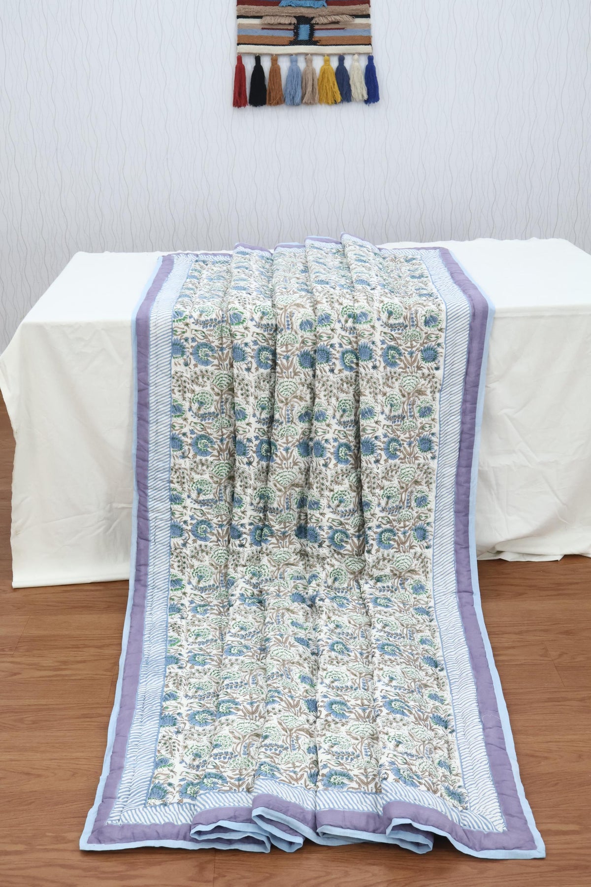 Lavender Floral Hand Block Printed Jaipur Quilt | Cotton Razai