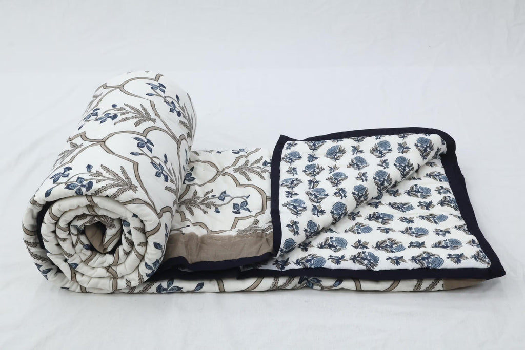 Reversible Cotton Razai & Quilt | Blue Floral Block Print
