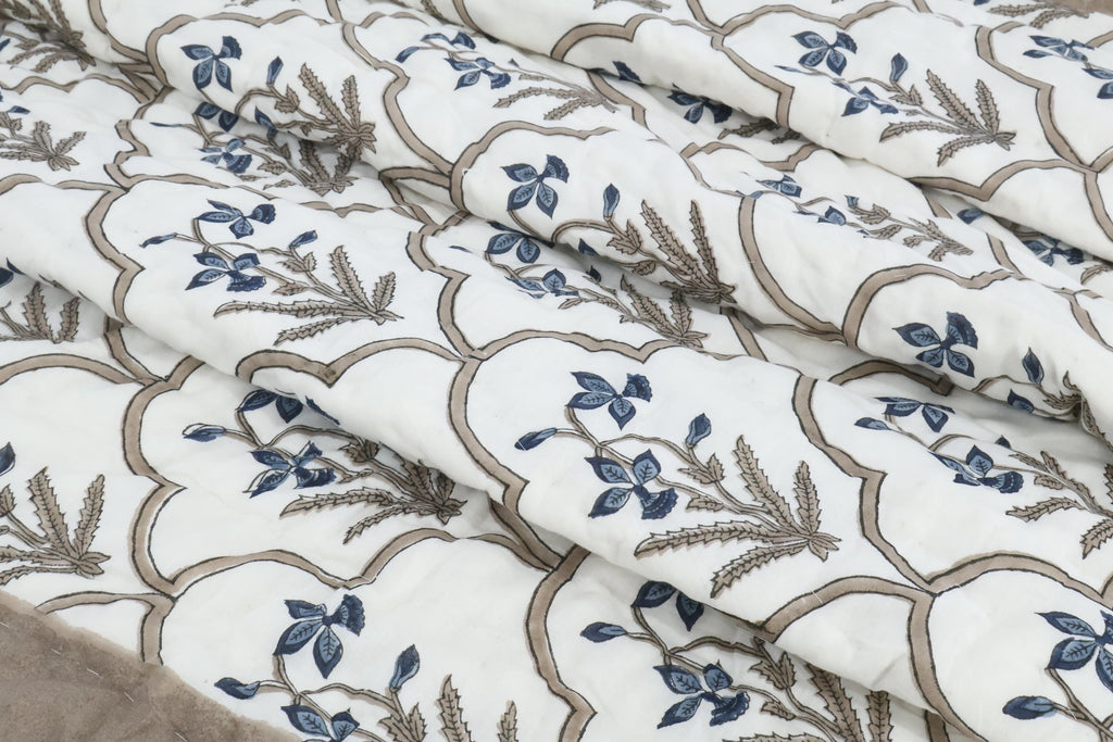 Reversible Cotton Razai & Quilt | Blue Floral Block Print